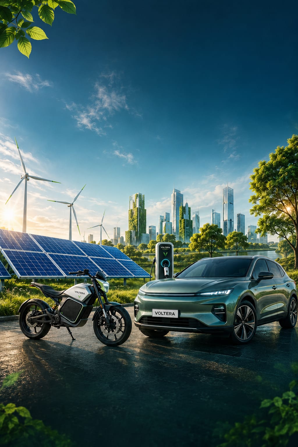 Solar panels, wind turbines and electric vehicle green energy